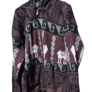 VTG Ruminahui Aztec Lama Wool Sweater Made in Ecuador Black Burgundy Zip Sz L/XL